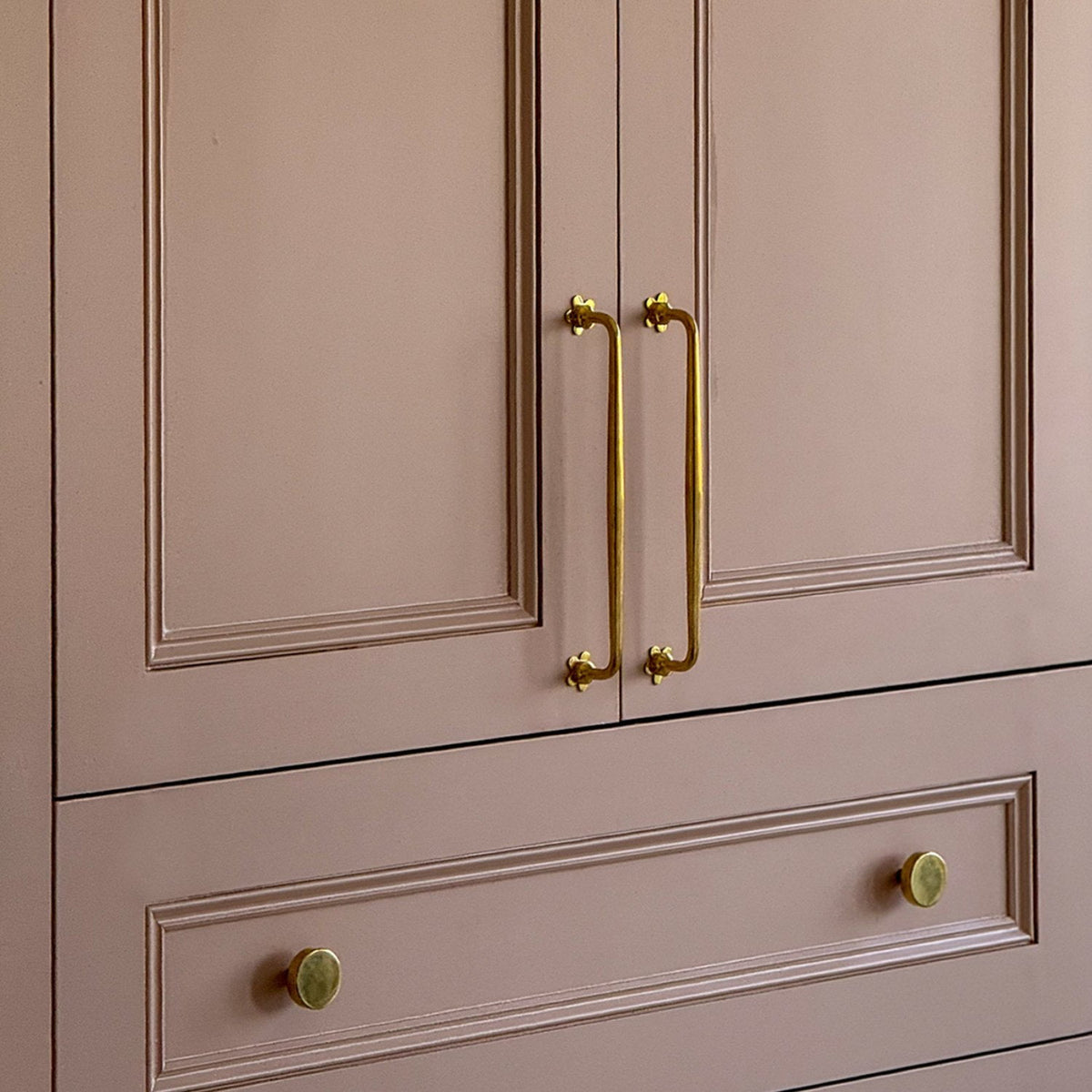 Plank Hardware Cabinetry ADA Handle with Flower Backplates - Unlacquered Brass