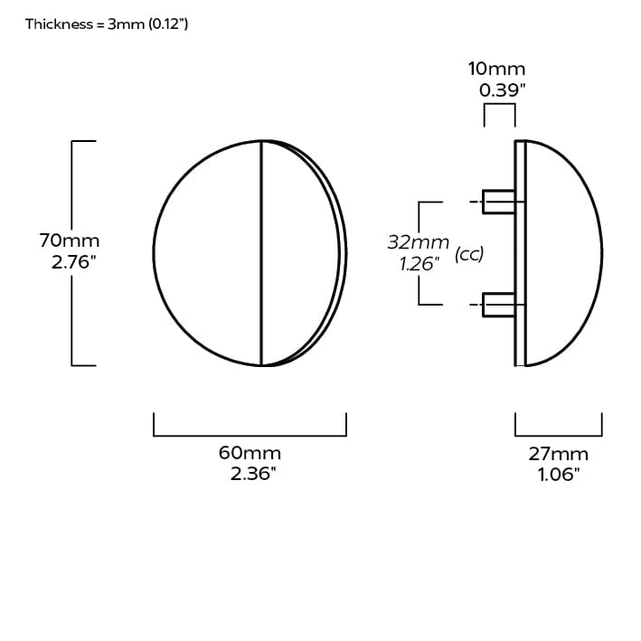 Plank Hardware Cabinetry 70mm (32mm CC) FOLD Round Front Mounted Handle - Brass