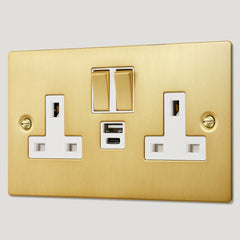 SYLVIE Double Plug Socket with USB A/C Super Fast Charge - Brass (White Insert)